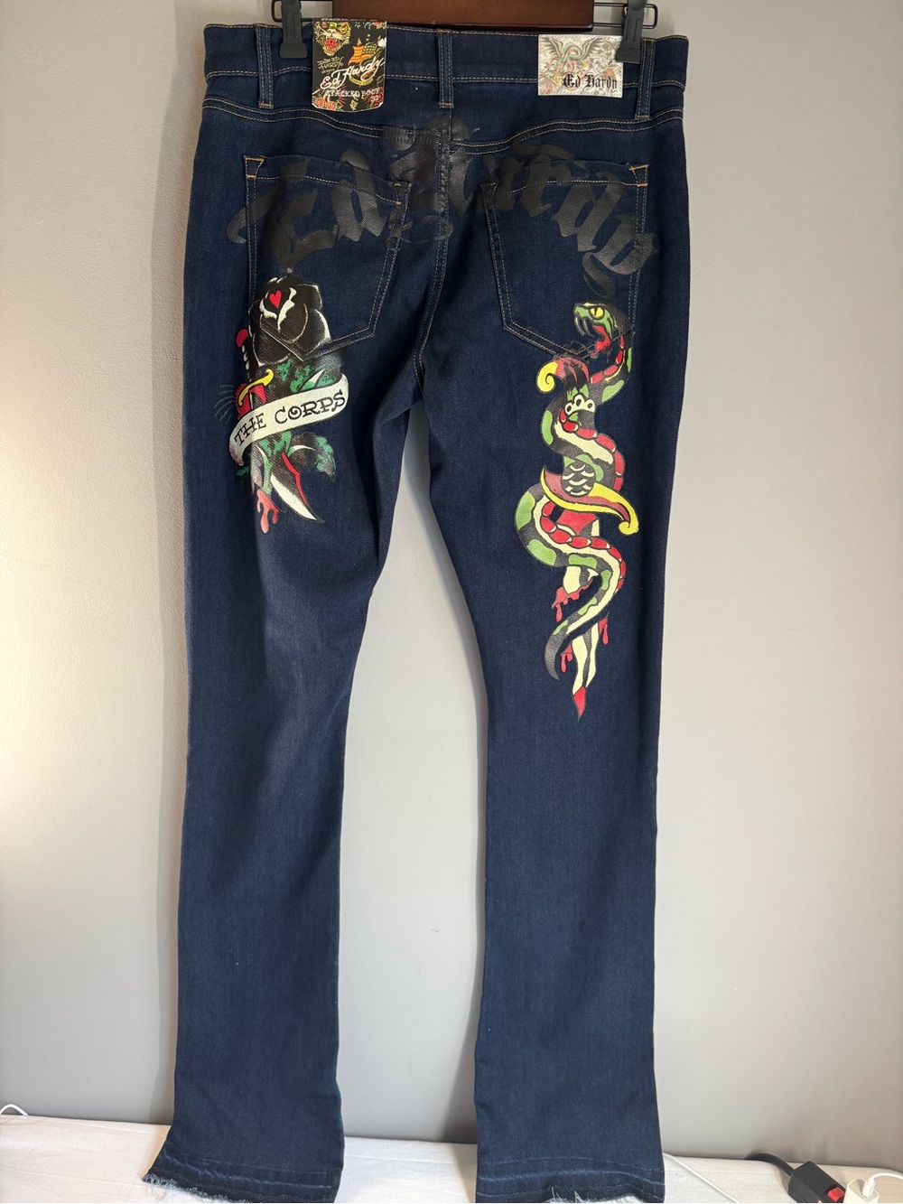 Ed Hardy Dark Blue Straight Leg Jeans with Colorful Snake & Heart Graphics